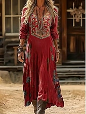 tanie Etniczna sukienka boho-Damskie Sukienka midi Sukienka Boho Zabytkowa sukienka Codzienne sukienki Moda Klasyczny Nowoczesny Codzienny Na zewnątrz Urlop Regularny Kwiaty Długi rękaw W serek Niebieski Czerwony Granatowy