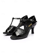 abordables Années 1920 &amp; Ère Gatsby-Chaussures de danse latine noires pour femmes - talon moyen, bride en T, pour la danse de salon, la salsa, le tango et l'entraînement &amp;chaussures de performance