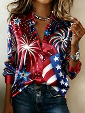  Camicia da donna in raso per il 250° anniversario dell'indipendenza americana, stampa bandiera americana, moda vintage, manica lunga, colletto, top normali, per tutti i giorni, per le vacanze, per