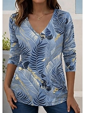 economico Maglietta Arte &amp; Design-Per donna Maglietta Stampato Floreale Grafico Sfumatura Elegante Vintage Classico Manica Lunga Girocollo Scollo a V Top Regolari Quotidiano Blu Albicocca Estate Primavera Autunno