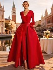 ieftine Rochii de seară pentru bal-Două Piese Salopeta Lungime Podea Detașabil Rochii de seara Elegant Manșon Lung În V Nuntă Invitat la nunta Buzunar Țesătură întinsă cu Fluture