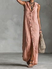 cheap Dresses-Women's Maxi Dress Linen-feel Dresses Shirt Dress Casual Dress Cotton Linen Dress Elegant Fashion Modern Outdoor Vacation Going out Regular Fit Plain Sleeveless Hooded Black Dusty Rose Navy Blue