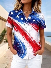  Amerikansk uavhengighetsdag kvinnens skjorte kortermet grafisk flagg vintage stilig uformell skjortekrage regular topper daglig blå hvit rød sommer vår