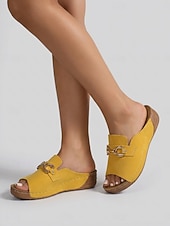 cheap Slide Sandals-Women's Yellow Open-Toe Mule Slides with Chain – Comfortable Casual Sandals for Daily, Garden Wear and Travel Wear