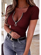 preiswerte Einfarbiges T-Shirt-Damen Rippstricktops T Shirt Eng anliegender Top Frontreißverschluss Stilvoll Sexy Kurzarm V Ausschnitt Normale Oberteile Täglich Ausgehen Outfits für die Verabredung am Abend Schwarz Wein Rote Grau