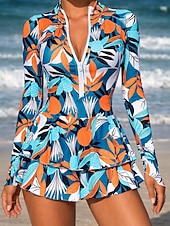 Χαμηλού Κόστους Κουνιέ-Γυναικεία Μαγιό Ενα κομμάτι Μαγιό-φόρεμα Φούστα Μαγιό Σουρωτά Φερμουάρ Διακοπές Ρούχα παραλίας Φλοράλ Ζιβάγκο Μακρυμάνικο Μαγιό