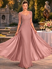 abordables Largo del piso-Funda Columna Hasta el Suelo Vestido Invitada Boda Vestido formal Vestido de noche Vestido de Madrina Manga 3/4 Escote Cuadrado Elegante Fiesta Formal Invitado a la boda Gasa Encaje con Lentejuela