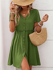 baratos Vestido branco-Mulheres Minivestido vestido de praia Vestido casual Elegante Moda Moderno Ao ar livre Férias Para Noite Normal Tecido Manga Curta Decote V Preto Vinho Azul Marinha Verde Verão Primavera