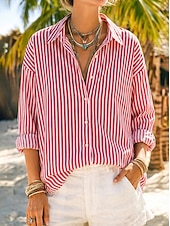 voordelige Overhemden-Dames Overhemd Overhemden met linnenlook Button-down overhemd Blouse Gestreept Stijlvol Klassiek Modern Lange mouw Revers Normale tops Dagelijks Feestdagen Uitgaan blauw Geel Blozend Roze Rood