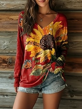  Per donna Maglietta Stampato Floreale Grafico Girasole Vintage Casual Boho Manica Lunga Scollo a V Top Regolari Quotidiano Blu Rosso Blu marino Arancione Verde Estate Primavera Autunno