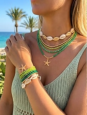 cheap Women's Necklace-Women's Multi-Layer Beaded Necklace and Bracelet Set with Starfish Pendant – Alloy Material, Bohemian Style, Colorful, Perfect for Vacation, Beach and Daily Casual Wear