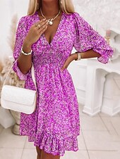baratos Vestidos Boho-Mulheres Minivestido Vestido Boho Vestido antigo Vestido casual Vestido floral Elegante Moda Moderno Praia Férias Para Noite Normal Floral Meia Manga Decote V Azul Verde Cinzento Verão Primavera
