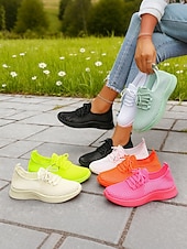 זול סניקרס לנשים-בגדי ריקוד נשים קזו'אל יומי בבית רצועות שטוח בוהן עגולה ספורטיבי יום יומי נוחות רשת לואפר ניאון צהוב שחור לבן