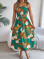 cheap Casual Floral Dresses-Women's Midi Dress Beach Dress A Line Dress Floral Dress Slip Dress Elegant Fashion Modern Outdoor Beach Vacation Regular Fit Floral Sleeveless Square Neck Blue Yellow Green Summer Spring