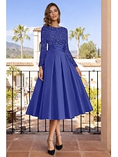 economico Abiti da cocktail-Linea ad A Lunghezza Tè Abiti da Cocktail Abiti da festa Elegante Brillanti Manica Lunga Girocollo Natale Ospite di nozze Raso Velluto con Pieghe Paillettes