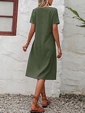cheap Plain Dress-Women's Midi  Faux Cotton Linen  Dress A Line Dress Summer Dress Casual Daily Loose Fit Plain Short Sleeve Crew Neck Black Orange Army Green Apricot Summer