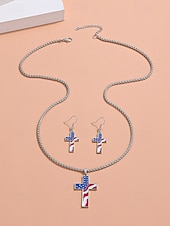 voordelige Accessoires-Damesketting en oorbellen met kruisje van legering, gouden en zilveren patriottische sieraden, oorbellen met hanger in de vorm van een Amerikaanse vlag, perfect voor de 250e verjaardag van de VS, Onafhankelijkheidsdag, casual kleding en vakantie.