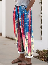  Freizeithose für Damen zum amerikanischen Unabhängigkeitstag, Vintage-Stil, lässige, lange Hose mit hohem Bund, bequem, atmungsaktiv, ohne Gummizug, für den Alltag