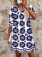 cheap Floral Dress-Women's Mini Dress Shift Dress Casual Dress Print Dress Fashion Modern Daily Vacation Going out Regular Fit Floral Long Sleeve V Neck Blue Black Red Fuchsia Spring Fall