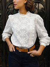 abordables Blusas Elegantes-Mujer Camisa Blusa Bordado Floral Elegante Clásico Moderno Manga Larga Escote Chino Tops regulares Diario Festivos Noche Blanco Verano Primavera