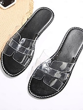 billiga Kvinnor-Färgglada gula strandtofflor för kvinnor - eleganta platta sandaler i genomskinlig PVC med H-remmar för tropiska semestrar och öresor &amp;sommarkläder vid poolen