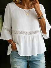 economico Bluse Semplici-Per donna Blusa Volant Traforato Tinta unica Lussuoso Casual Manica 3/4 Girocollo Top Regolari Quotidiano Bianco Giallo Verde chiaro Rosa Viola chiaro Estate Primavera Autunno