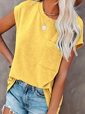 preiswerte Einfarbiges T-Shirt-Damen Bluse Tasche Einfach Vintage Stilvoll Ärmellos Rundhalsausschnitt Normale Oberteile Täglich Ferien Ausgehen Schwarz Gelb Rosa Purpur Grün Sommer Frühling