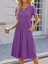 ieftine Rochie albă-Pentru femei Rochii Midi Rochie casual Rochie A line Elegant Modă Modern În aer liber Vacanță Ieșire Fit regulat Simplu Manșon scurt În V Negru Vișiniu Mov Trifoi Vară Primăvară