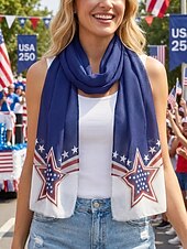 preiswerte Zubehör-Patriotischer Damenschal aus Polyester-Chiffon, leicht und atmungsaktiv mit Sternenmuster, ideal für die Feierlichkeiten zum 250. Jahrestag der USA, den Unabhängigkeitstag, den Alltag und den Urlaub.