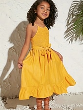 voordelige Casual jurken-Kinderen Voor meisjes Jurk Effen Kleur Mouwloos Casual Buiten Feest Lapwerk Aanbiddelijk Casual Kostuum Polyester Maxi Jurk met bandjes Zomer Lente 4 jaar + Geel