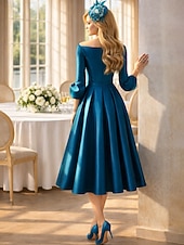 preiswerte Cocktailkleider-A-Linie Tee-Länge Cocktailkleider Partykleider Elegant Mutter Dreiviertelarm V Ausschnitt Formell Hochzeitsgast Satin mit Falten