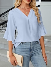 economico Bluse Eleganti-Per donna Camicia Blusa Top in chiffon Volant Semplice Elegante Classico Moderno Manica 3/4 Scollo a V Top Regolari Quotidiano Ferie Uscire Nero Bianco Verde Azzurro Estate Primavera