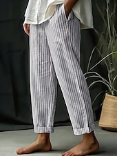 baratos Calças de Luxo-Mulheres Calças de linho de algodão Calça verão Calças de praia Clássico Casual Longas Cintura Alta Listra Bolsos Estampado Design de cordão elástico Respirabilidade Macio Micro-Elástica Férias Rua