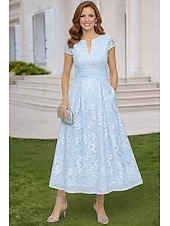 abordables Longitud a la altura del tobillo-Corte A Vestidos Hasta el Tobillo Vestido Cóctel Vestido Invitada Boda Vestido de Madrina Manga Corta Escote en Pico Escote Barco Elegante Casual Formal con Bordados Apliques
