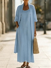 cheap Plain Dress-Women's Dress Set Shift Dress Elegant Plain Pocket Maxi Dress 3/4 Length Sleeve Crew Neck Daily Outdoor Blue White Pink Summer Spring Loose Fit