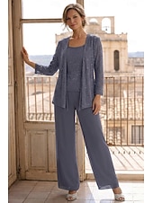 baratos Terninhos de calça da mamãe-Terninho Traje de 3 peças Longo Vestido Para Mãe dos Noivos Sem Manga Scoop pescoço Elegante Convidado do casamento Chiffon Renda Embrulho incluido com Lantejoulas