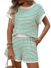 cheap Women's Blouse Suits-Women's Two Piece Sets Shorts Sets Short Sleeve Crew Neck Striped Fashion Streetwear Casual Daily Outdoor Black Pink Dark Pink Summer Regular Fit