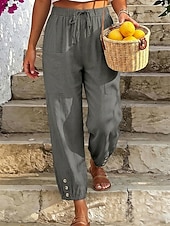 Χαμηλού Κόστους Κάτω-Γυναικεία Βαμβακερό λινό παντελόνι Καλοκαίρι παντελόνι Παντελόνια με κοψίματα Παντελόνι παραλίας Απλός Καθημερινό Ανατομικό Μέχρι τον αστράγαλο Μεσαία Μέση Μονόχρωμες Τσέπη Ελαστική μέση Αναπνέει
