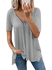 preiswerte Schicke Blusen-Damen Hemd Bluse Reißverschluss Einfach Stilvoll Klassisch Modern Kurzarm V Ausschnitt Normale Oberteile Täglich Ferien Ausgehen Schwarz Weiß Rosa Dunkelgray Grau Sommer Frühling