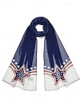 preiswerte Zubehör-Patriotischer Damenschal aus Polyester-Chiffon, leicht und atmungsaktiv mit Sternenmuster, ideal für die Feierlichkeiten zum 250. Jahrestag der USA, den Unabhängigkeitstag, den Alltag und den Urlaub.