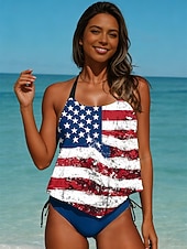 abordables Traje de baño del Día de la Independencia-Traje de baño tankini de dos piezas para mujer, con motivo del Día de la Independencia de Estados Unidos, sin espalda, para vacaciones en la playa, con cuello halter y bandera estadounidense, sin