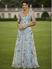  А-силуэт Платья В пол Платье для вечеринки Коктейльные платья Платье для матери невесты Рукав до локтя V-образный вырез Элегантный стиль Винтаж Роскошный Официальные Свадебный гость Дерби в Кентукки