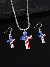 voordelige Accessoires-Damesketting en oorbellen met kruisje van legering, gouden en zilveren patriottische sieraden, oorbellen met hanger in de vorm van een Amerikaanse vlag, perfect voor de 250e verjaardag van de VS, Onafhankelijkheidsdag, casual kleding en vakantie.