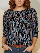 お買い得  アート＆デザインTシャツ-女性用 Tシャツ プリント フラワー グラフィック スタイリッシュ クラシック カジュアル 長袖 クルーネック レギュラートップス 日常 週末 バケーションウェア ブラック ワイン アーミーグリーン ネイビーブルー オレンジ 夏 春 秋