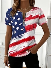  Amerikanischer Unabhängigkeitstag Damen T Shirt Reißverschluss Grafik Amerikanische Flagge Stilvoll Klassisch Lässig Kurzarm Rundhalsausschnitt Normale Oberteile Täglich Wochenende Blau Weiß Rote