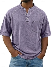 ieftine tricouri de bază-Bărbați Tricou Cămașă Demin Cămașă de spălat cu acid 100% bumbac Manșon scurt Guler de stand Henley Toamna iarna Primăvară Toamnă Simplu Epocă Șic Stradă Casual Buzunar Vopsit în haine Spălat Casual