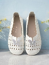 baratos Sapatilhas de mulher-Sapatos femininos brancos de bico largo com borboleta de strass – mocassins vazados macios e respiráveis para uso casual, viagens e dia a dia.