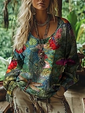 abordables Tops Boho-Mujer Camiseta bohemia Camiseta Camiseta superior Estampado Graphic Vintage Étnico Casual Manga Larga Escote en Pico Tops regulares Diario Fin de semana Ropa de vacaciones Amarillo Rojo Naranja Verde