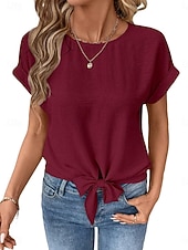 abordables T-shirt uni-Femmes T-shirt Nœud Uni Mode Élégant Classique Manche Courte Col ras du cou Hauts Réguliers Quotidien Sortir Week-end Noir Blanche Vin Marron Beige Été Printemps