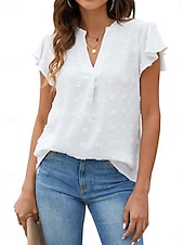 abordables T-shirt uni-Femmes Chemisier A Volants Couleur Unie Élégant Occasionnel Manche Courte Col en V Hauts Réguliers Quotidien Bleu Noir Blanche Rose Claire Fuchsia Été Printemps